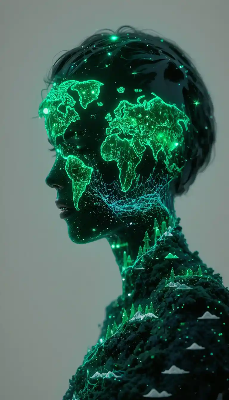 Motifs verts lumineux sur verre noir en double exposition