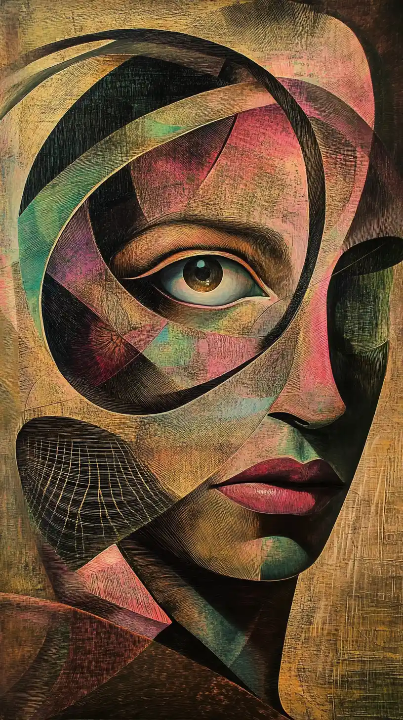 Retrato surreal com olhos enormes em espaço abstrato de bronze