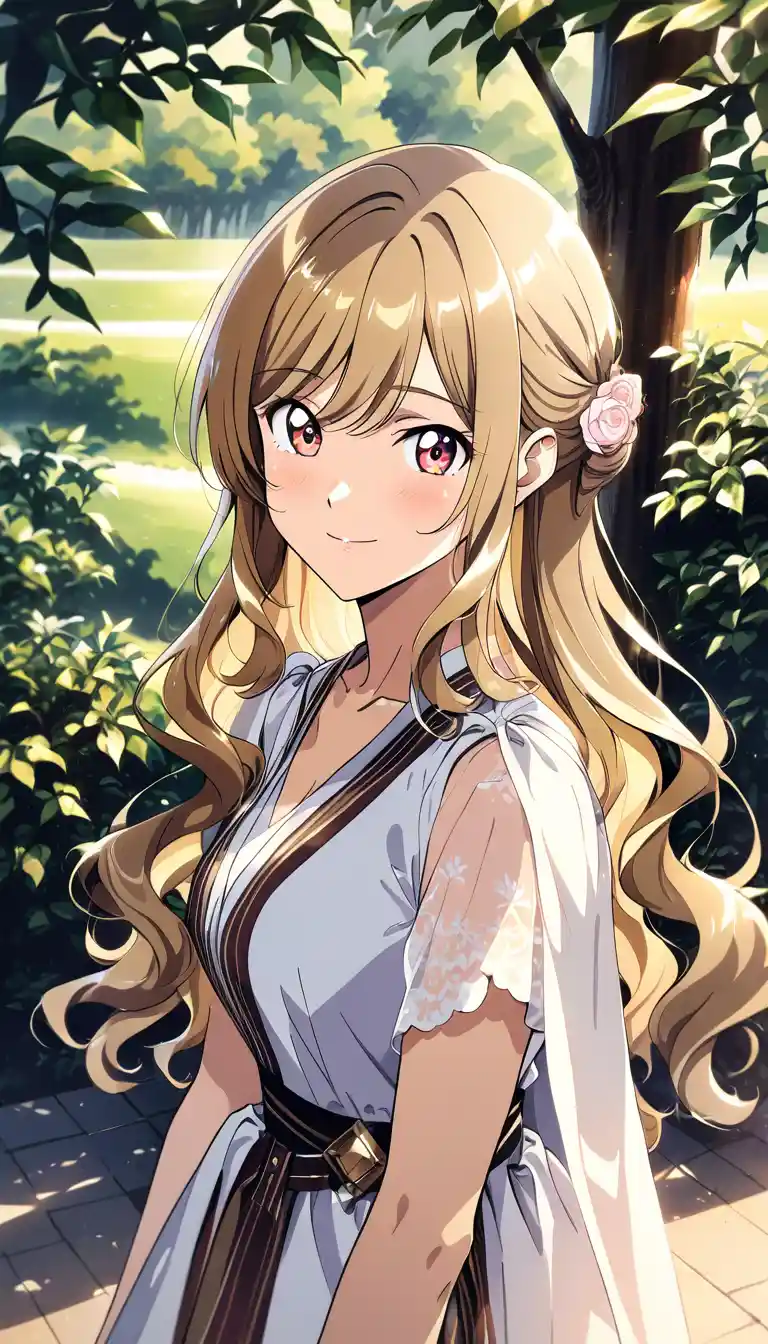 Fille d’anime timide à l’aube dans une douce scène en plein air