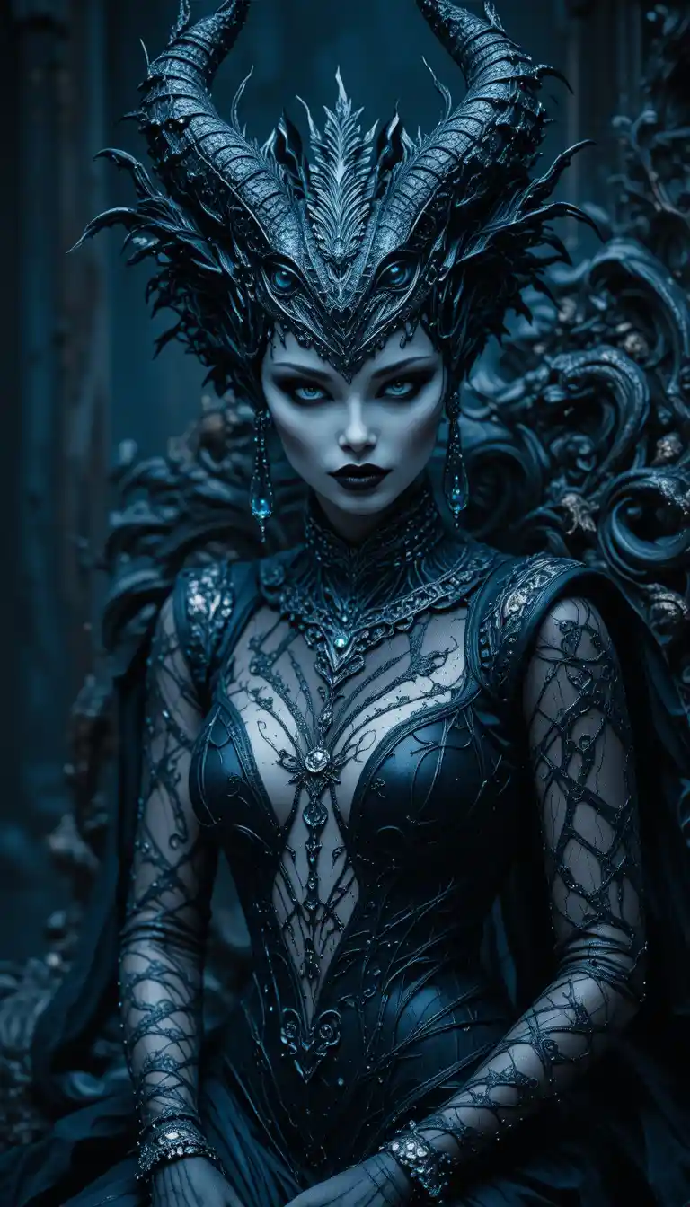 Regina demoniaca su trono barocco in camera blu scuro