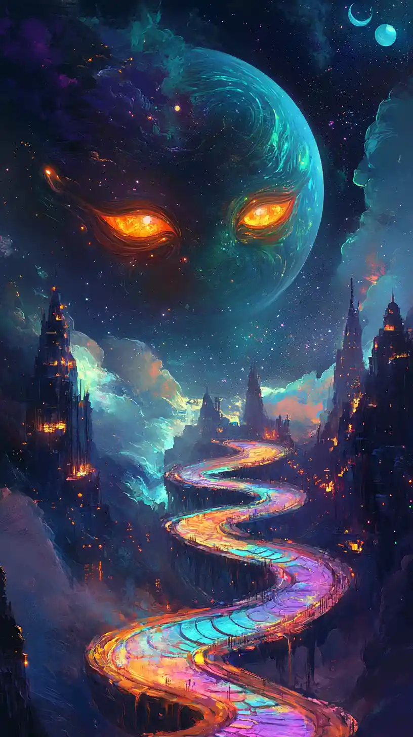 Rostro surreal como un planeta con ojos naranjas brillantes