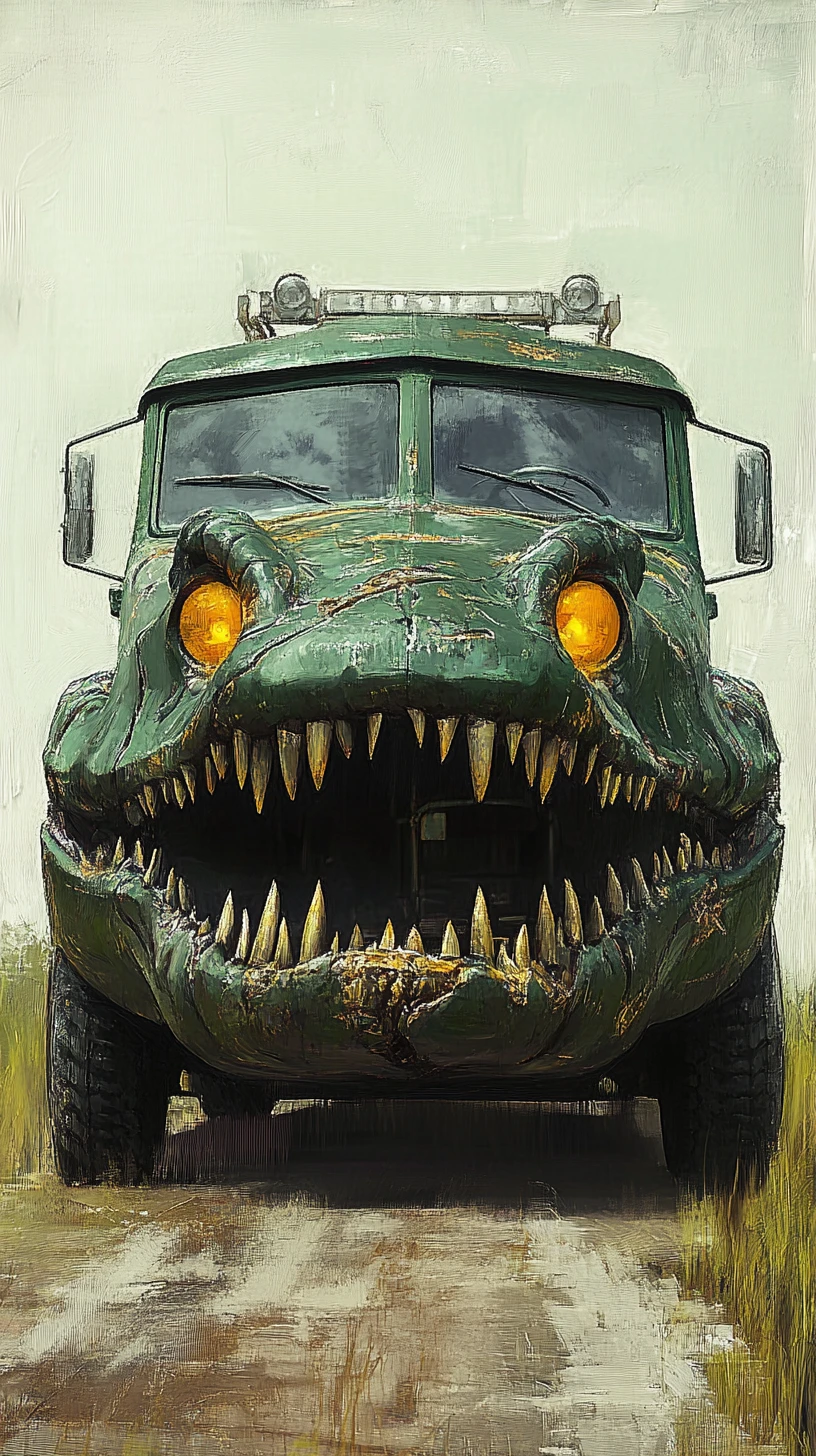 Fantasy crocodile truck parked on a quiet asphalt road