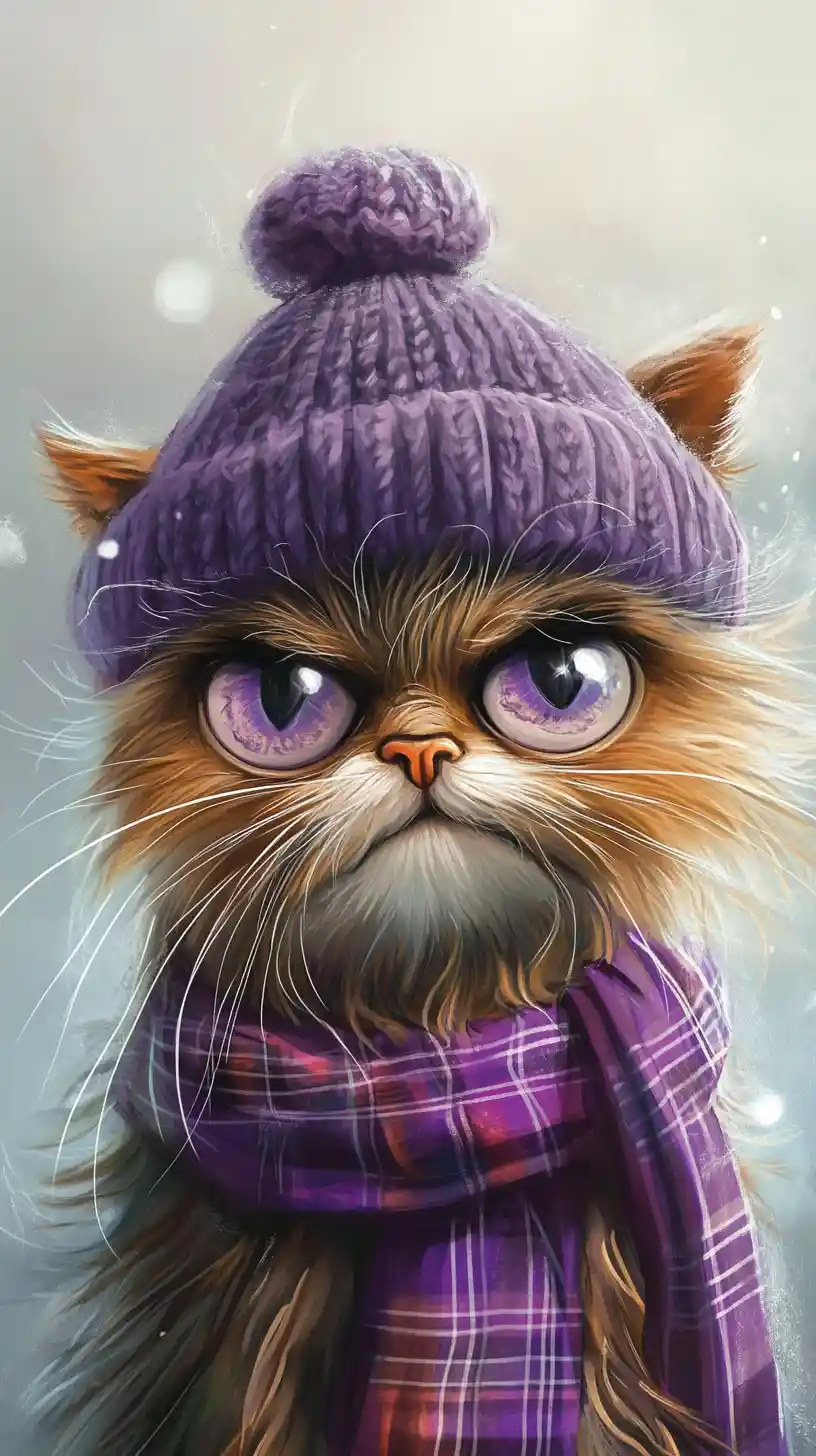 Whimsical fluffy cat in purple hat and plaid scarf