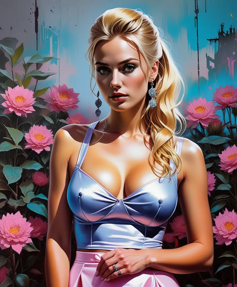 Blonde pin up woman in a stylish tattoo studio