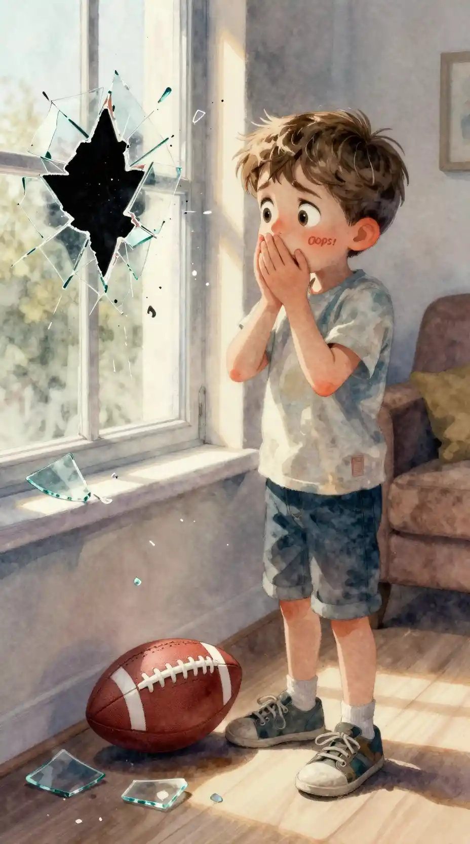 Watercolor boy in panic by a broken living room window