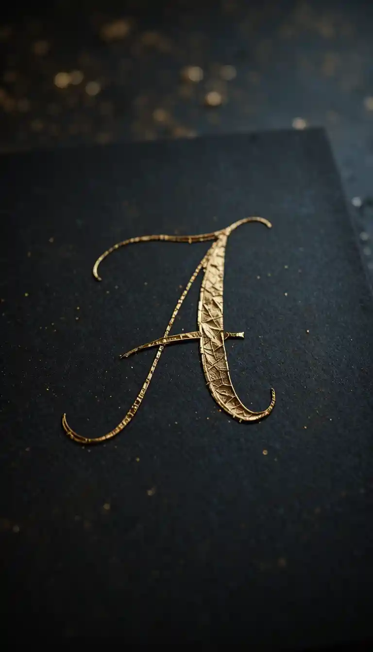 Goldener handgeschriebener Buchstabe auf dunkel, weich beleuchteter Oberfläche