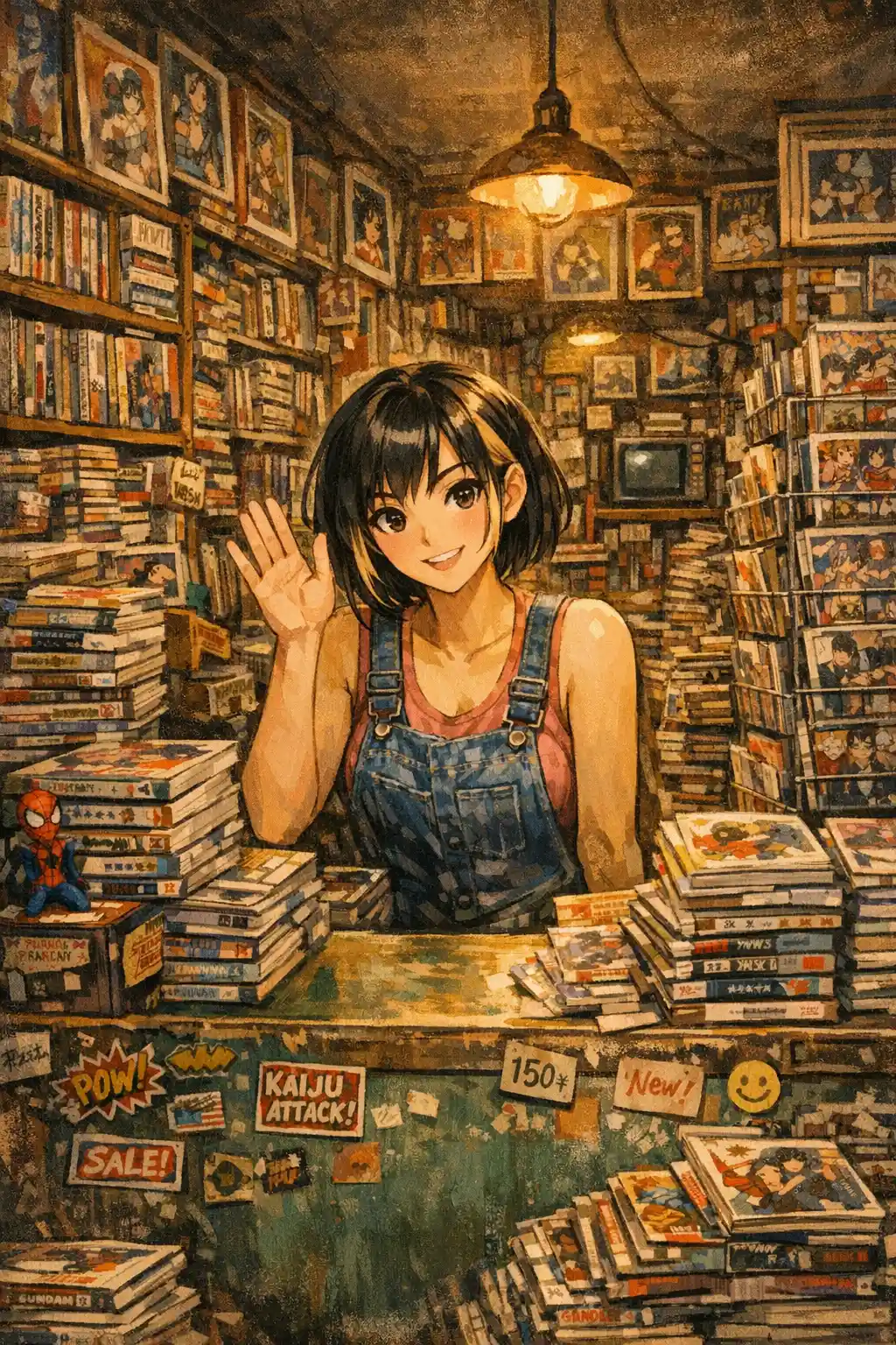 Anime girl waving behind counter in cozy comic shop