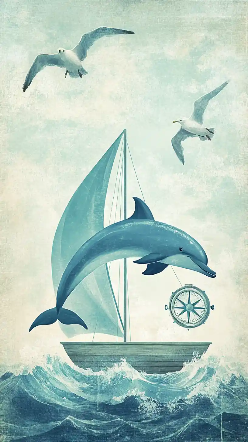 Joyful dolphin leaping beside a sailboat at sea