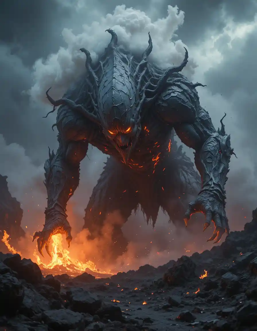 Gigantic ash elemental looming over a volcanic wasteland