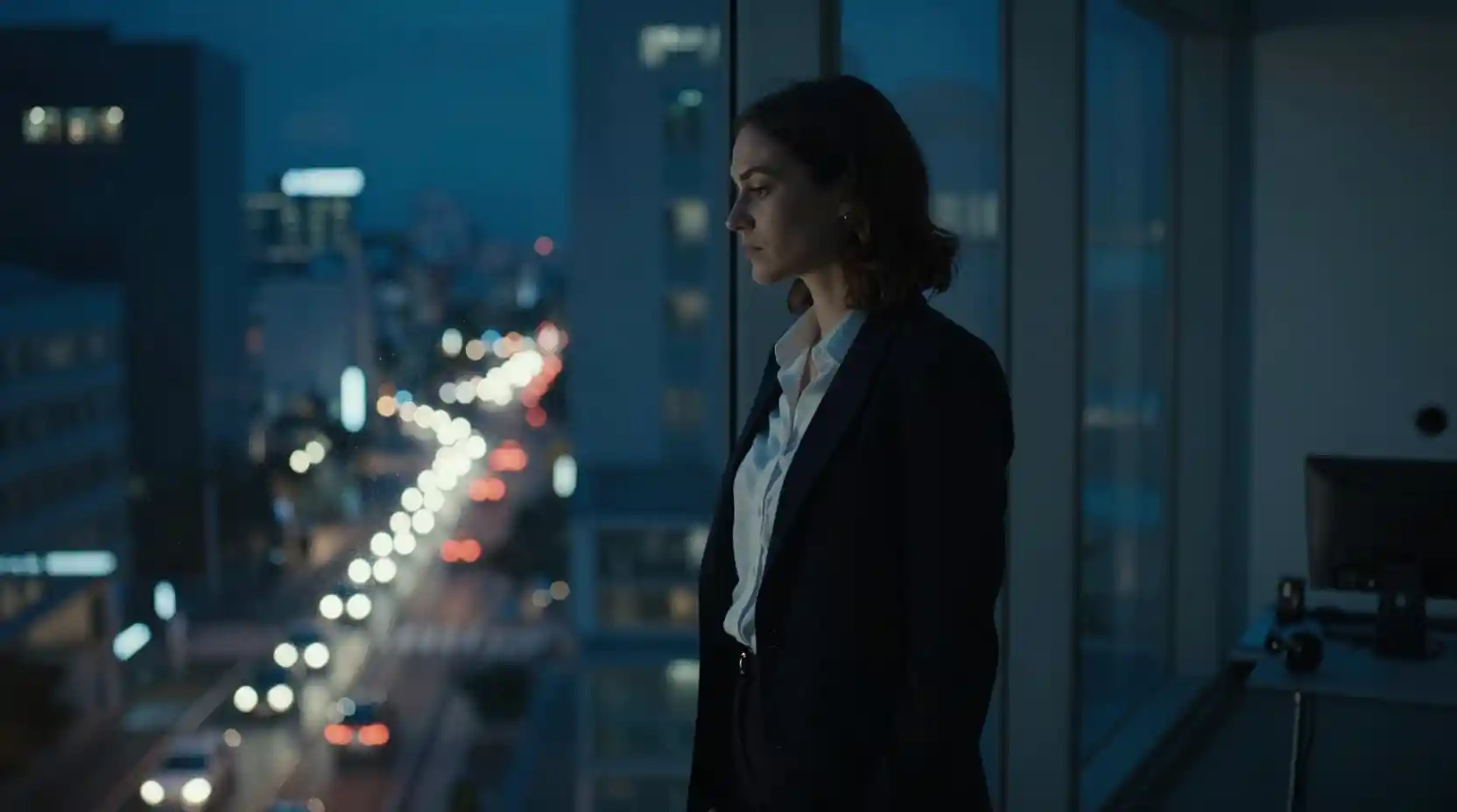 Woman by office window gazing over night city lights