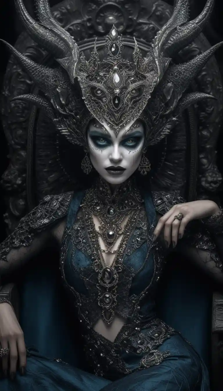 Dämonische Königin auf barockem Thron im Dark-Fantasy-Porträt
