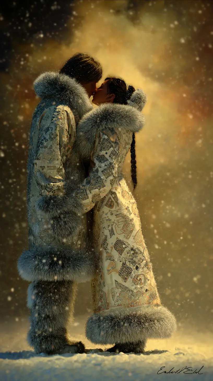 Eskimo couple sharing a gentle kiss under night sky