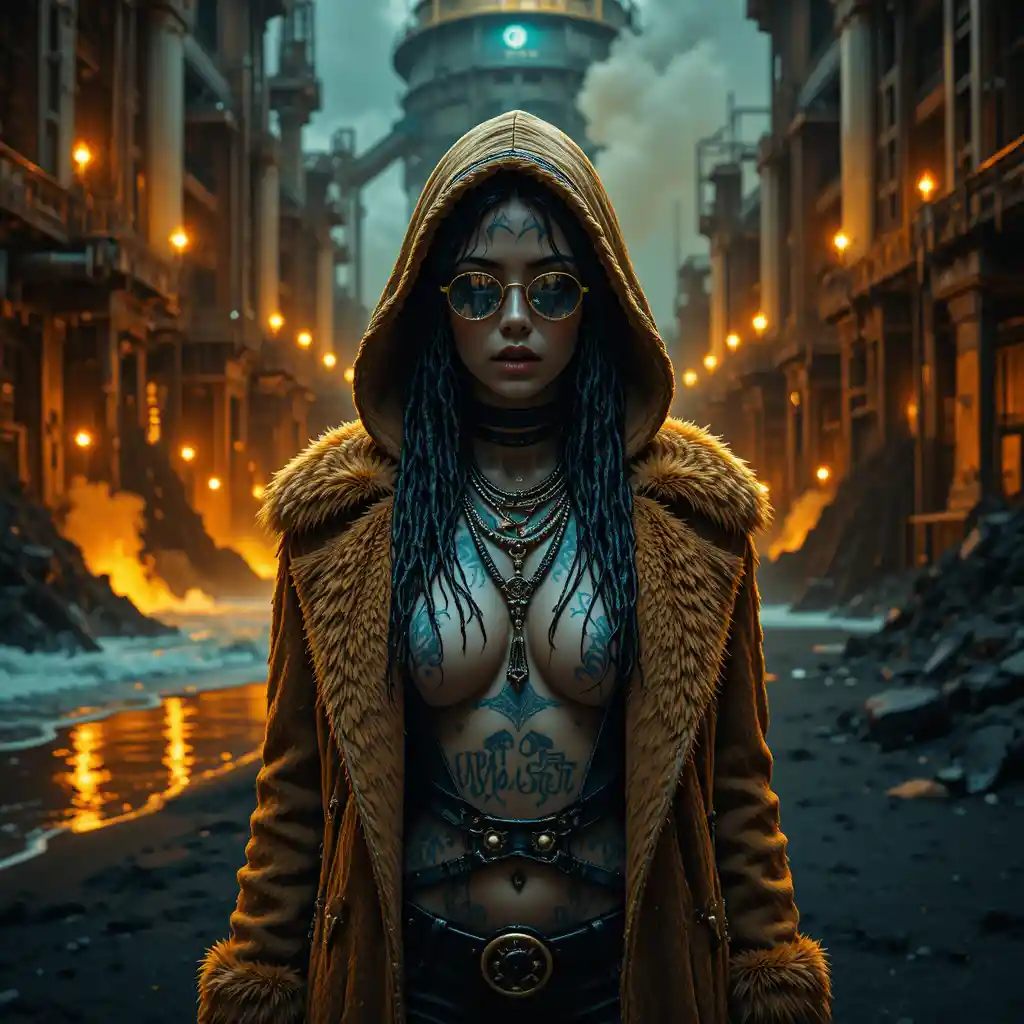 Tattooed femme fatale in flooded industrial power station