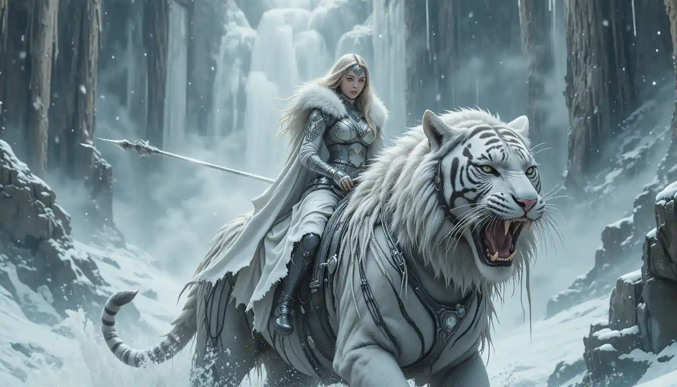 Guerreira montando um tigre branco em uma cachoeira de inverno