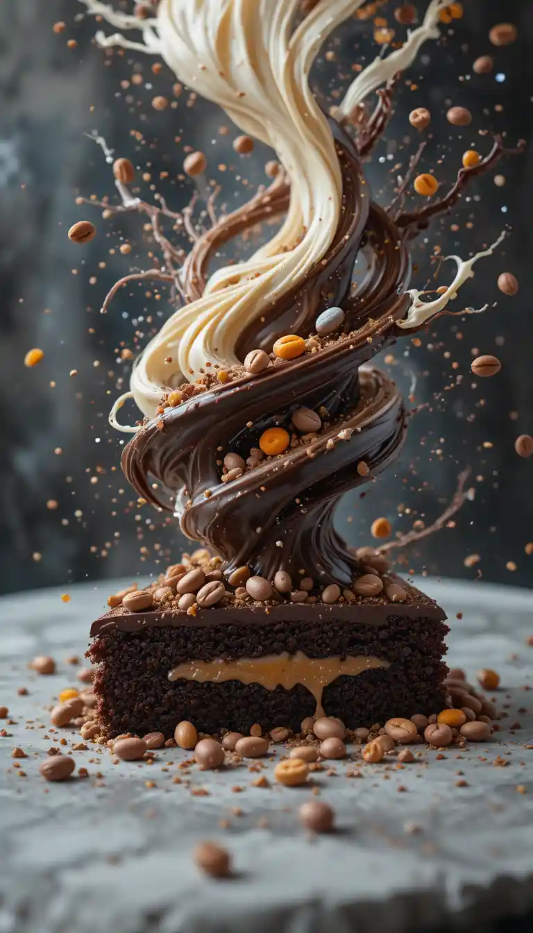 Whirling chocolate tornado over cake with mandarin jam