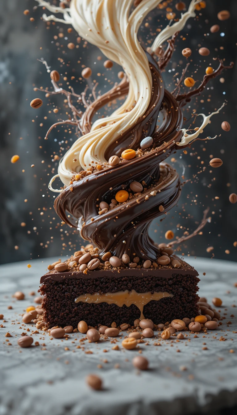 Whirling chocolate tornado over cake with mandarin jam