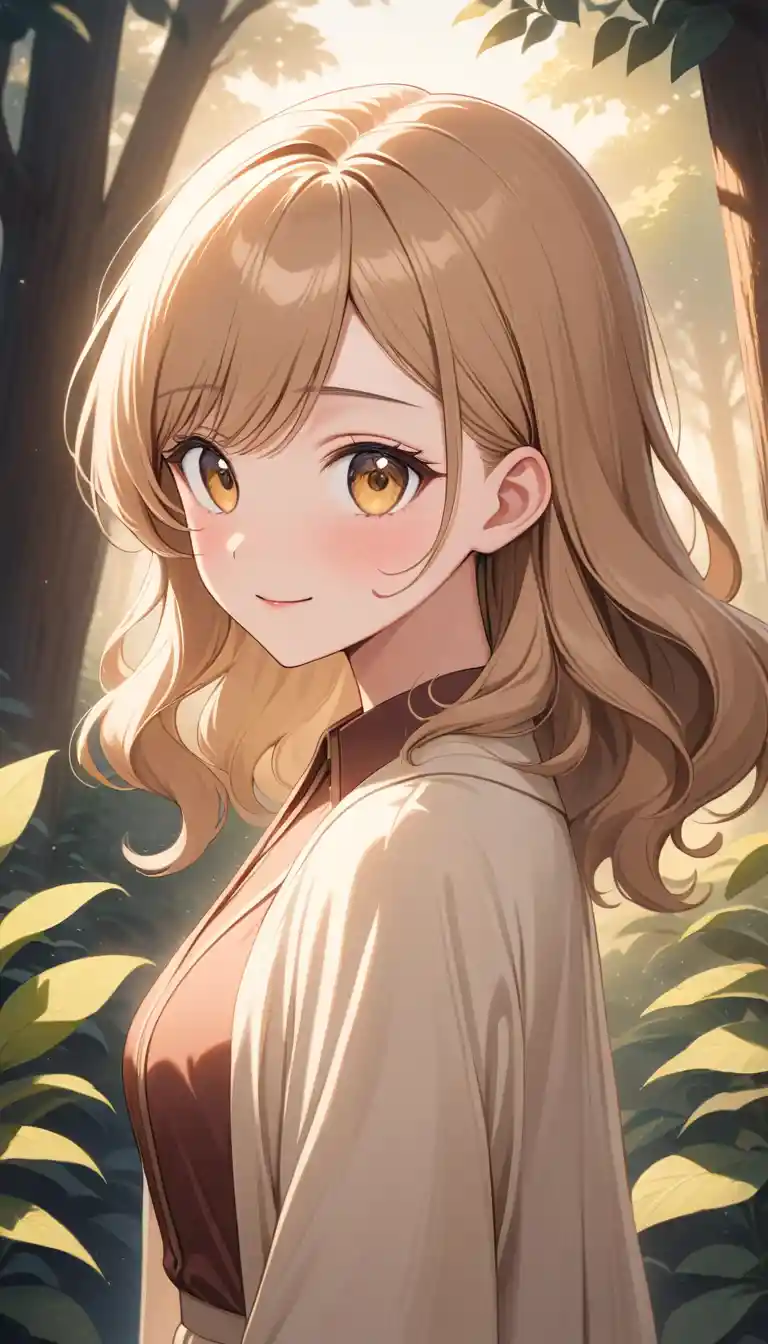 Fille d’anime timide à l’aube dans une chaude lumière dorée