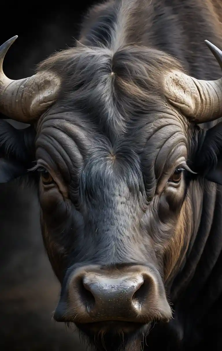 Majestic water buffalo portrait with dramatic curved horns