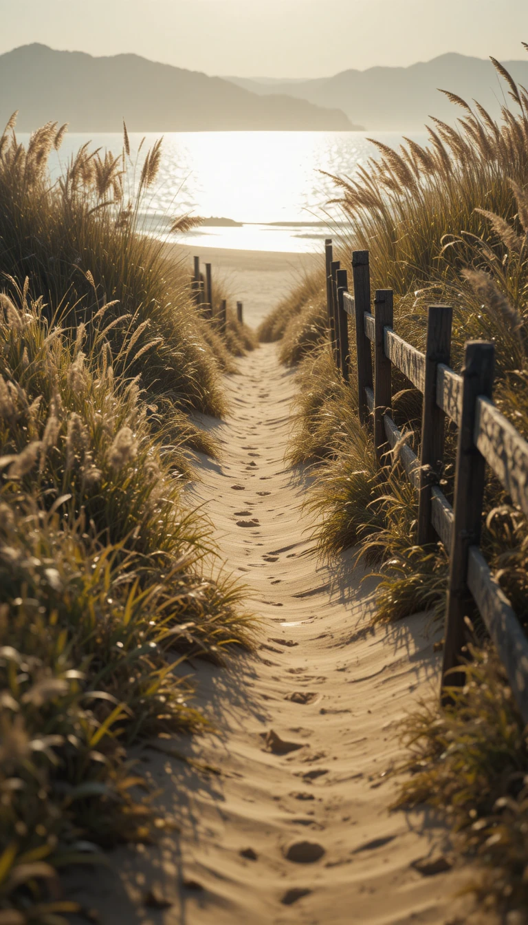 Golden Coastal Path Leading Toward A Calm Shimmering Ocean