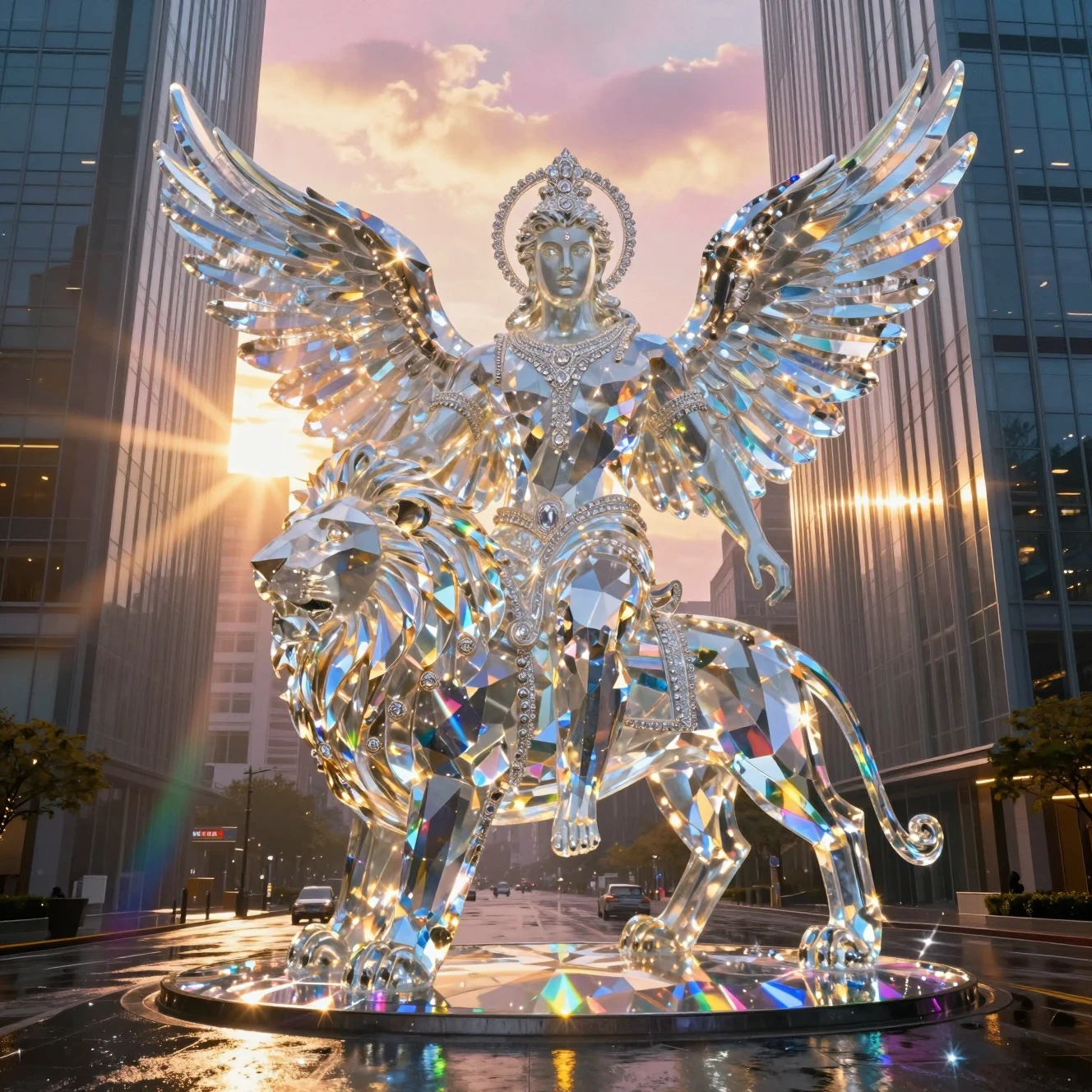 Colossal diamond winged deity riding a lion in city