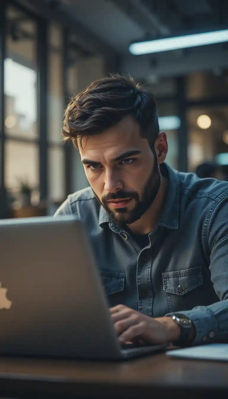 Uomo profondamente concentrato mentre lavora al laptop