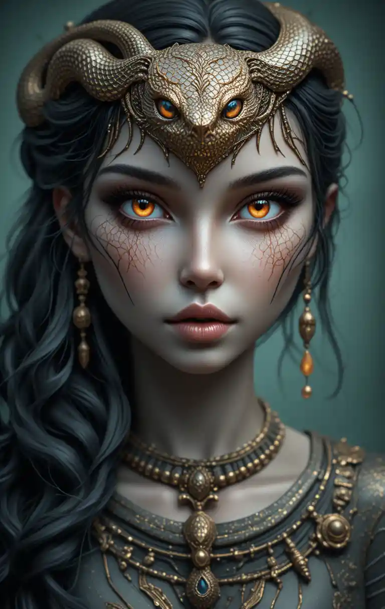 Fantasy serpent priestess close up with golden scales