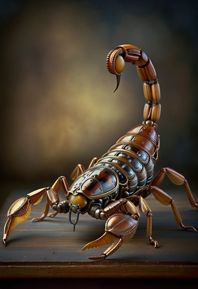 Steampunk mechanical cricket sculpture on wooden display base