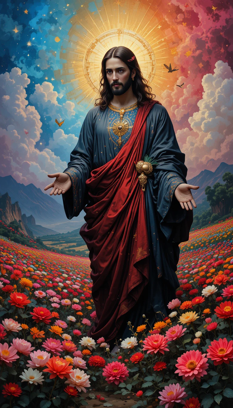 Dreamlike portrait of Jesus in a glowing flower field