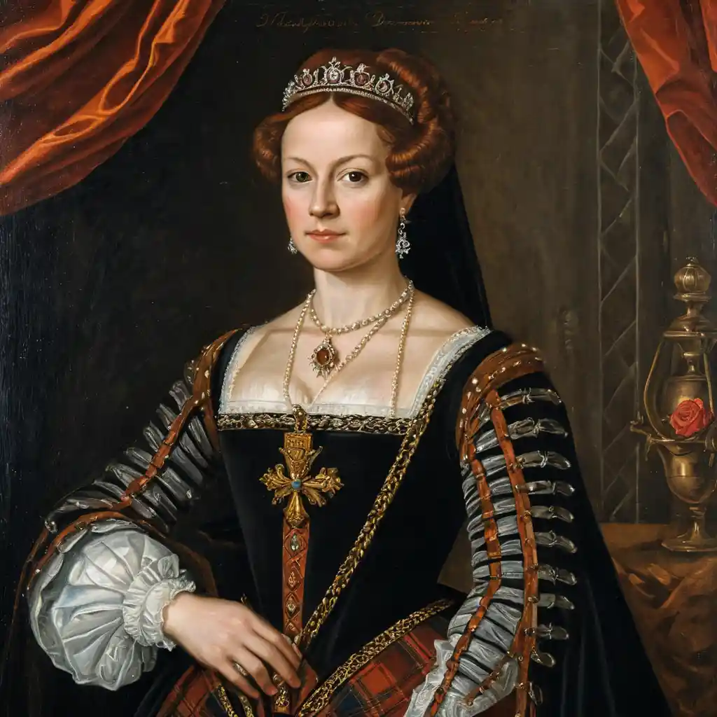 Renaissance portrait of a mature Scottish queen in 1574 attire