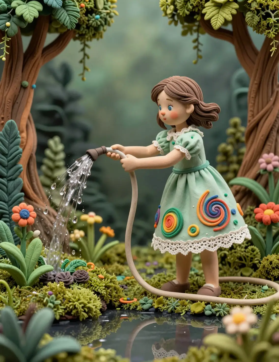 Niña de arcilla con vestido pastel regando un exuberante jardín de musgo