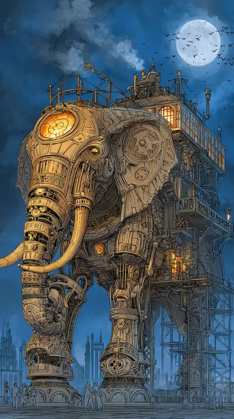 Colosal Elefante Mecánico Steampunk bajo el Cielo del Crepúsculo