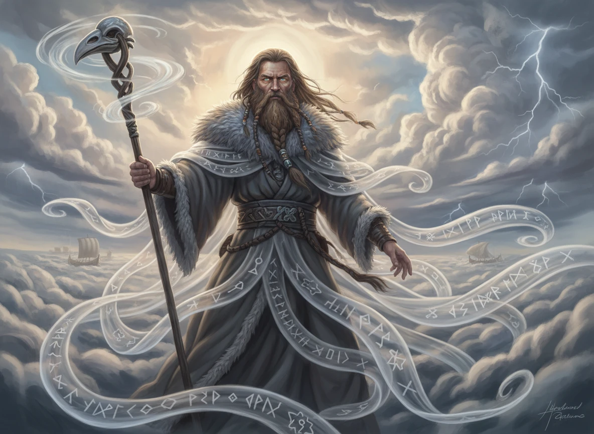 Xamã viking místico envolto em mantos de nuvens em espiral