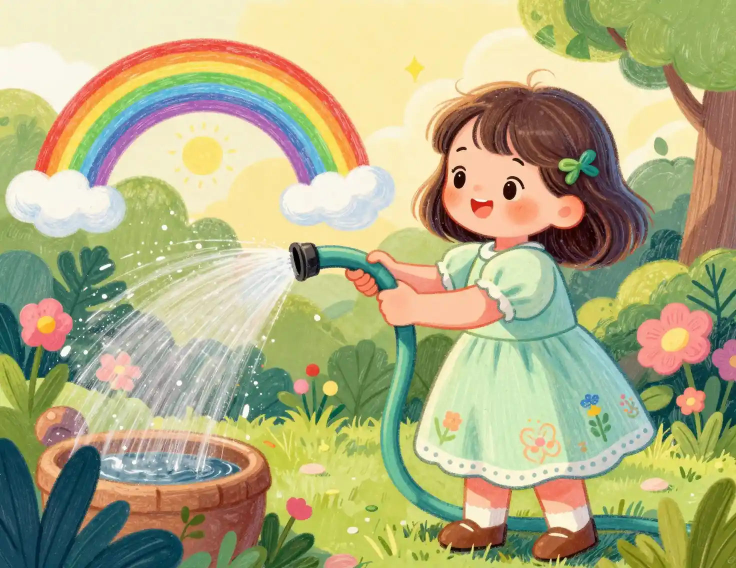 Giovane ragazza che annaffia un giardino soleggiato con arco di arcobaleno