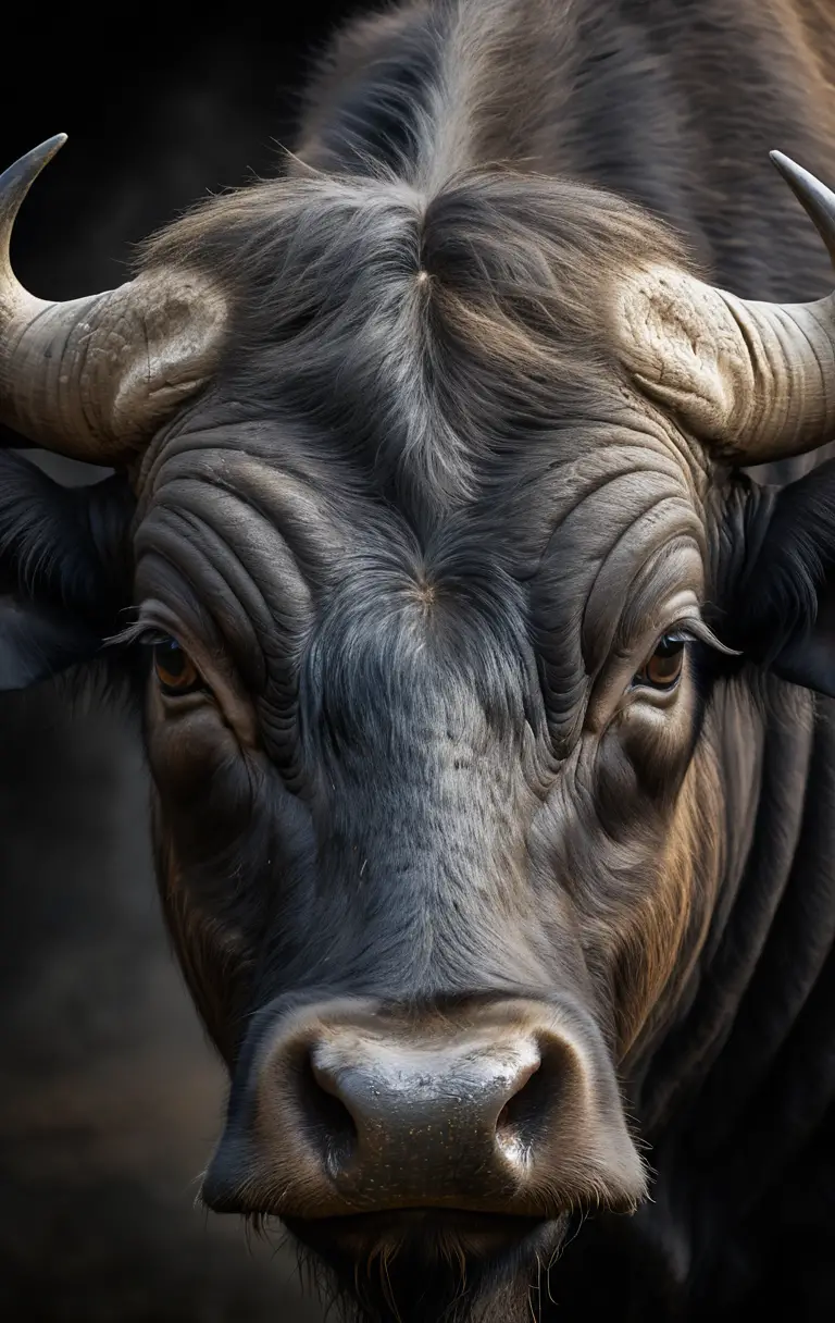 Majestic water buffalo portrait with dramatic curved horns