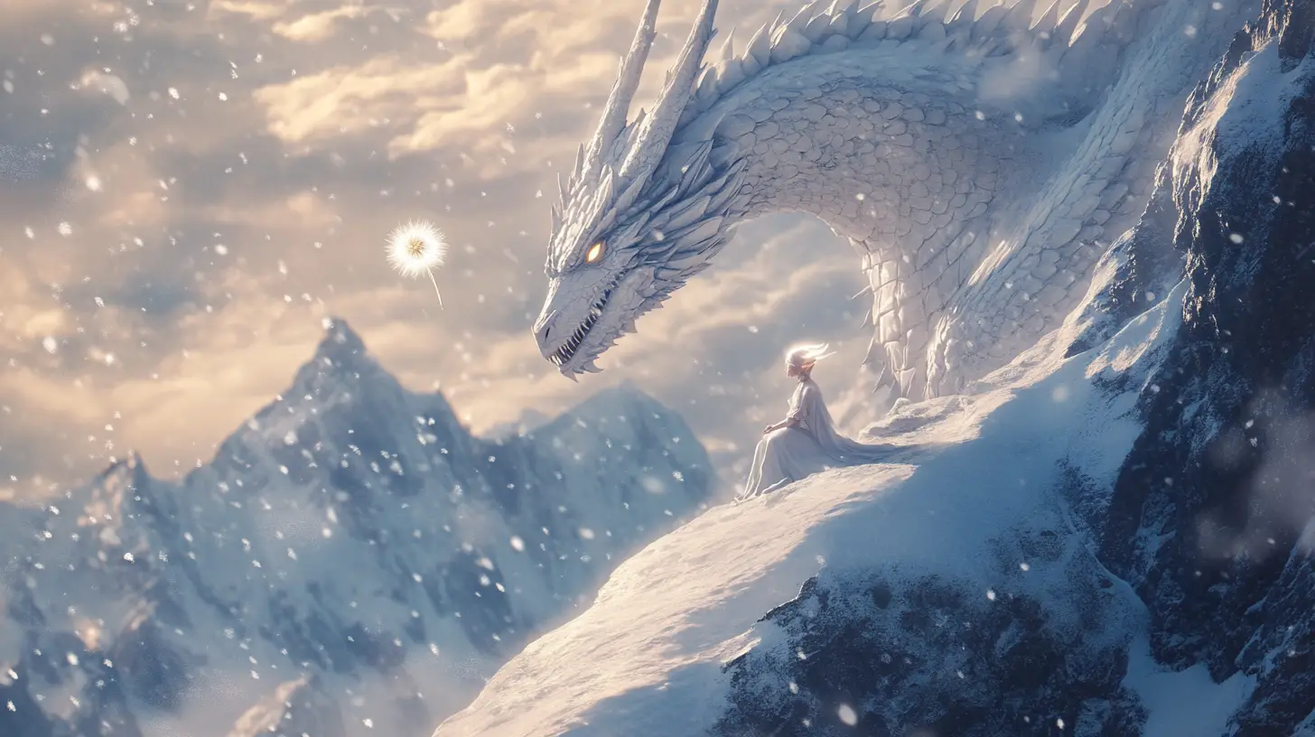 Ancient White Dragon And Tiny Elf On Frozen Mountain
