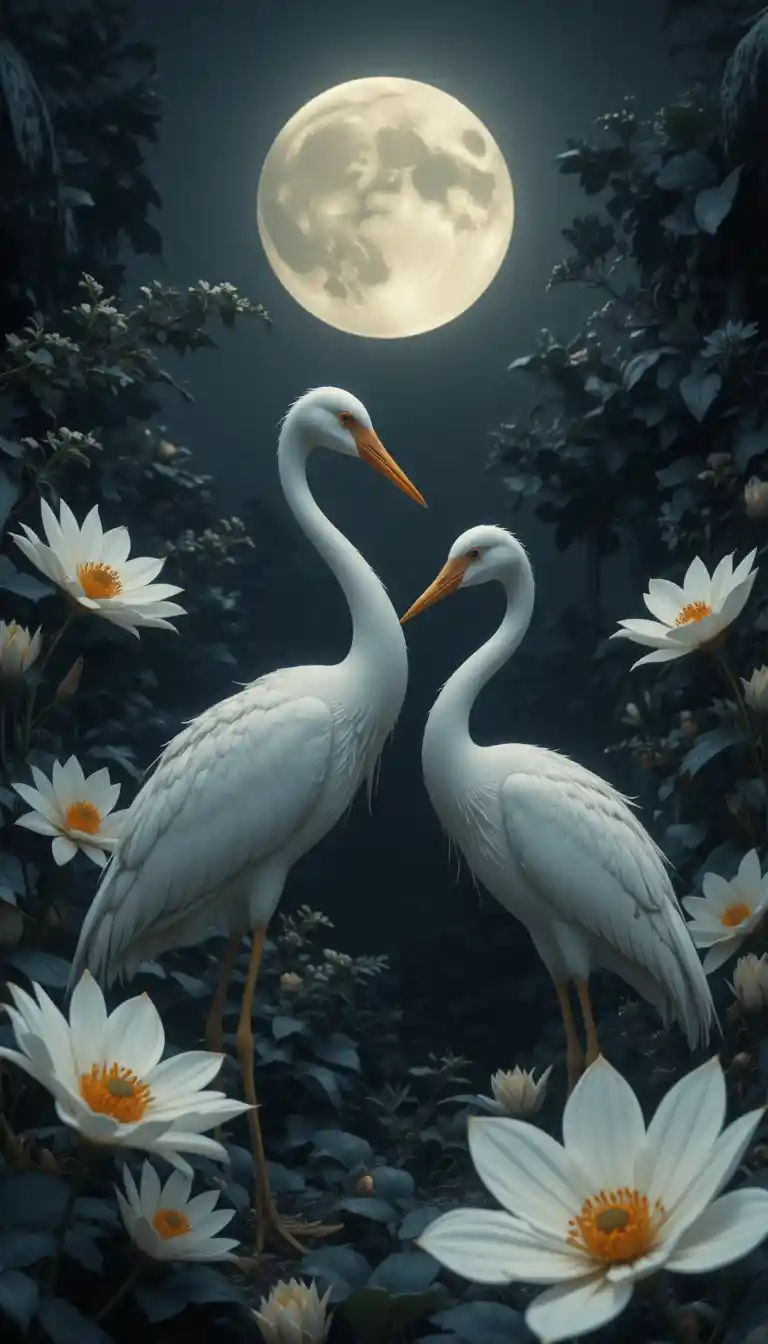 Elegante weiße Kraniche unter einem leuchtenden Vollmond