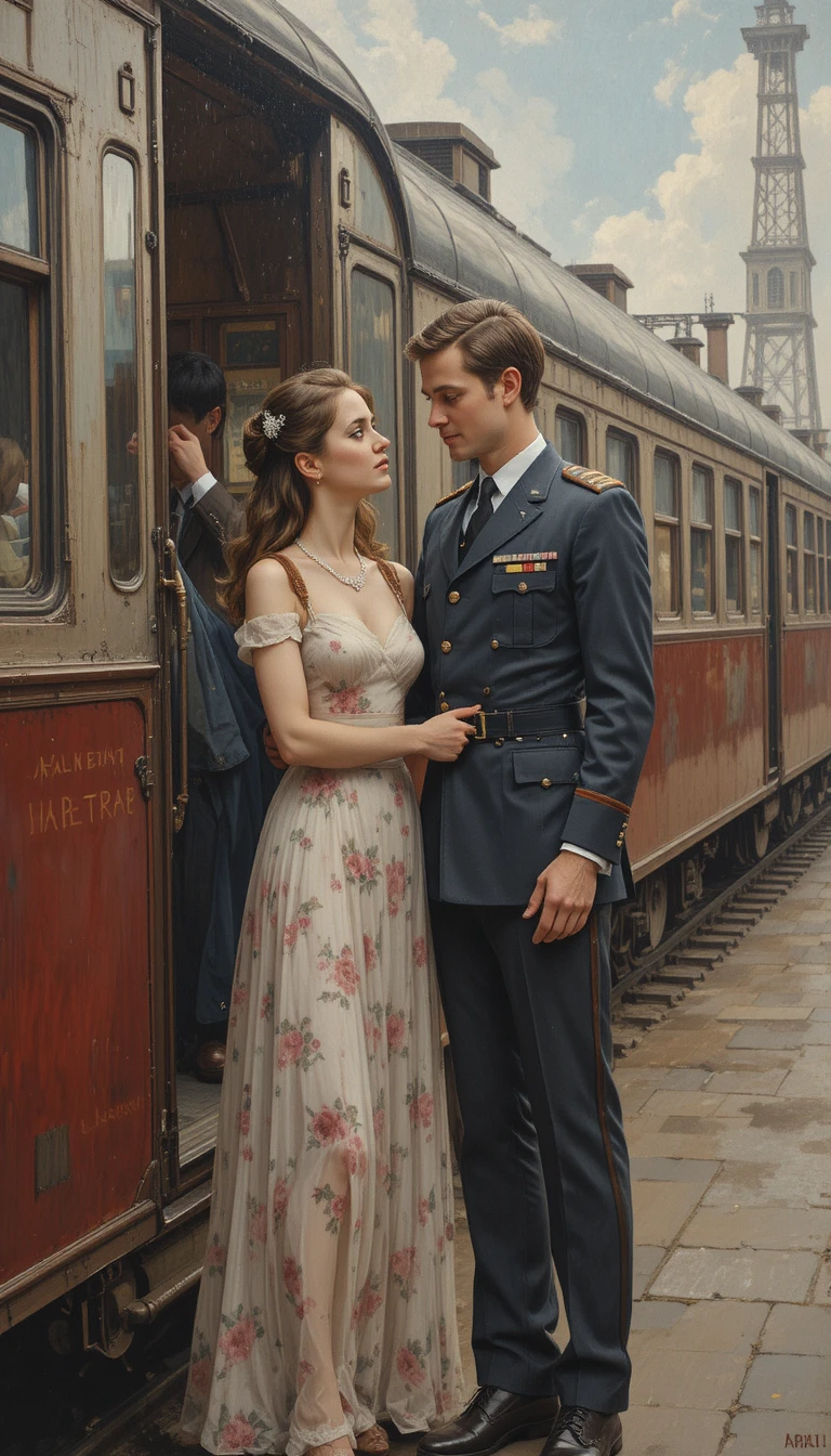 Giovane coppia che si saluta in una stazione ferroviaria degli anni ’60