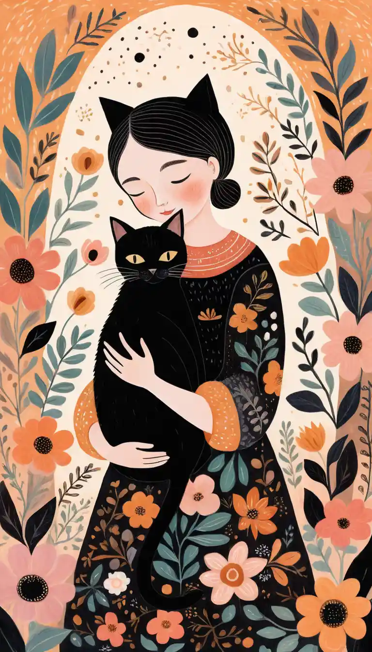Child hugging a black cat in whimsical folk art style
