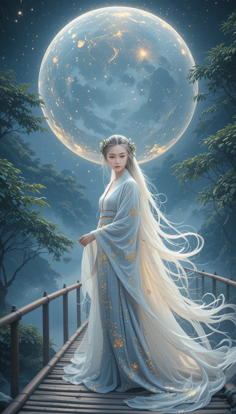 Femme sereine sur un pont de bambou sous la pleine lune