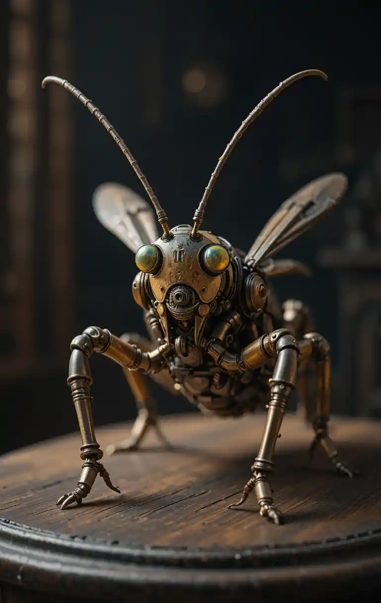 Hyper realistic steampunk mechanical cricket on wooden base