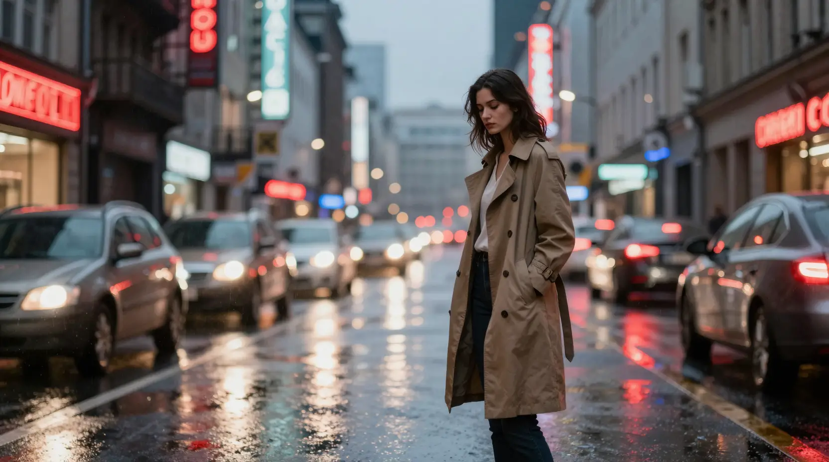 Lonely woman in trench coat on rainy neon city street