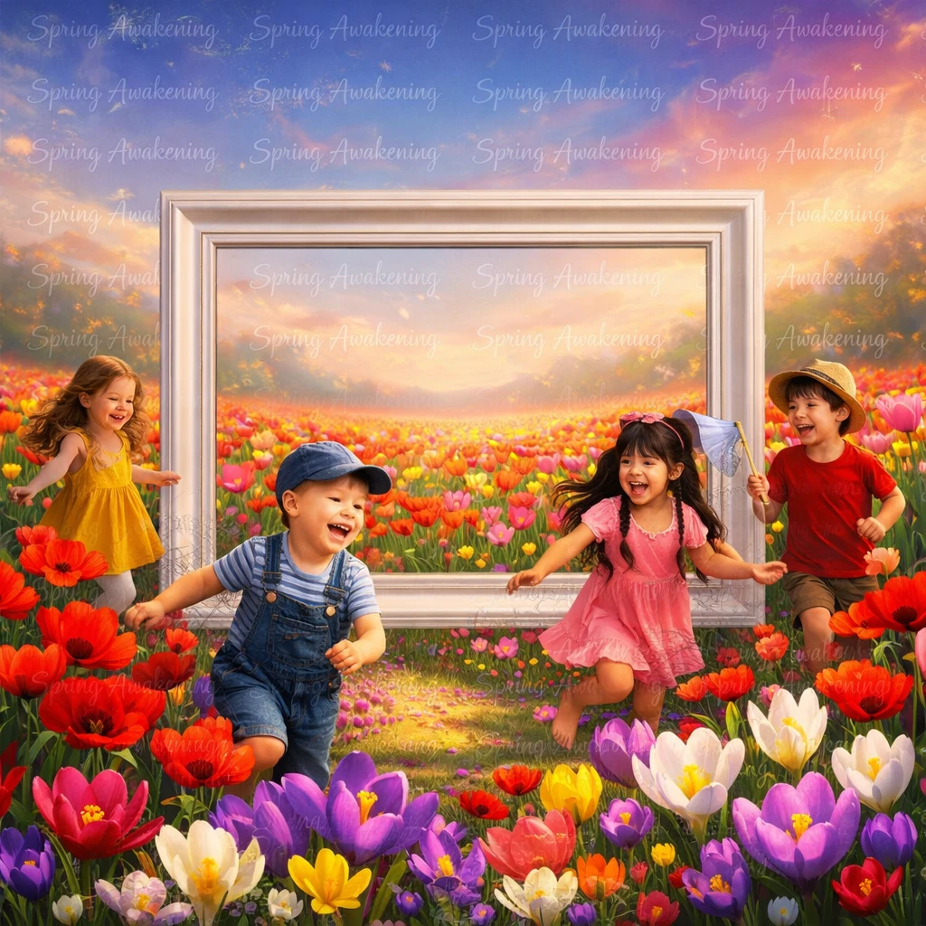 Bunte Tulpenfelder mit Kindern und Frühlings-Wasserzeichen-Text