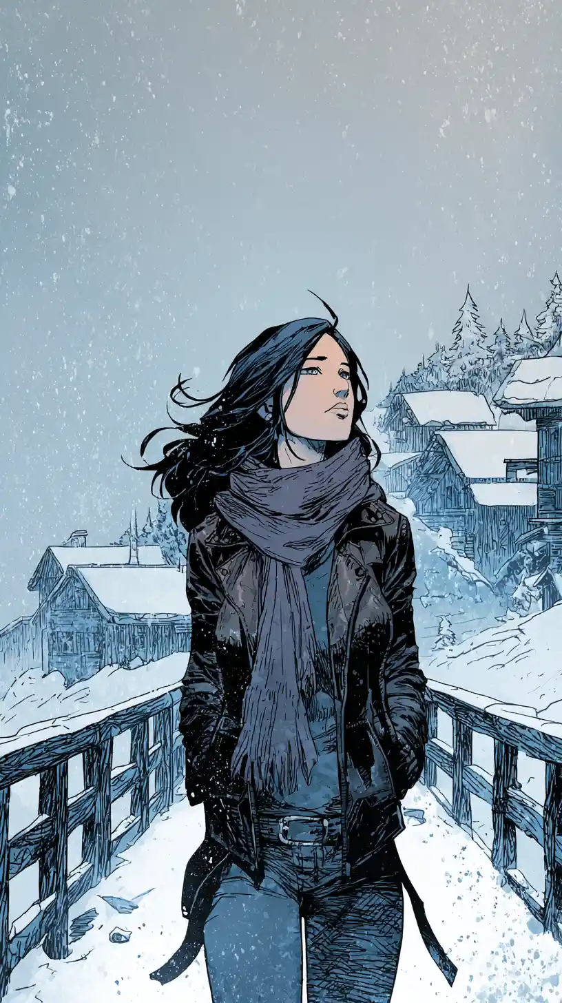 Young woman walking alone across a snowy town bridge