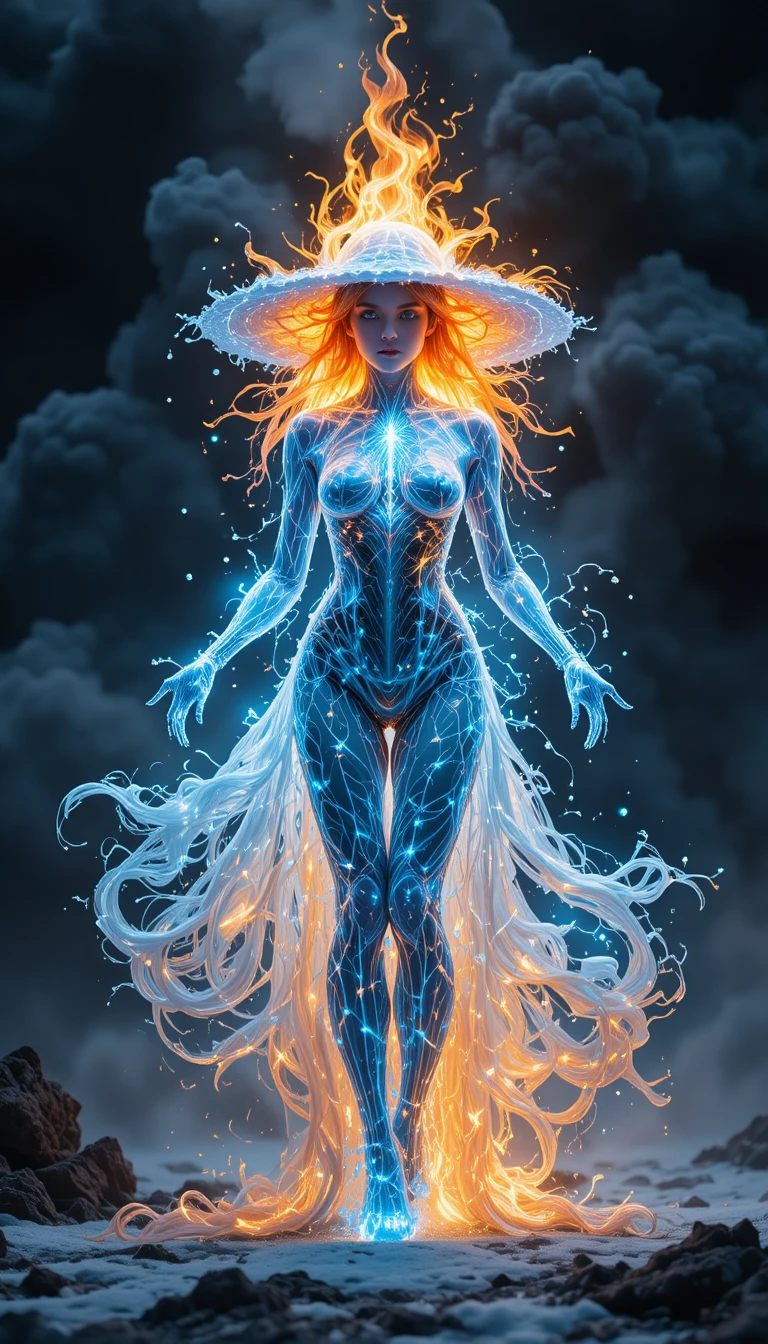 Elemental woman formed from fire water light and wind