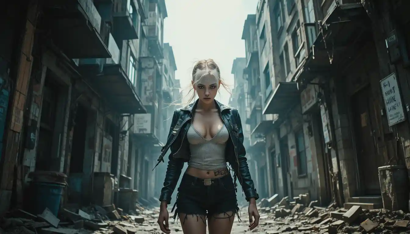Woman in harsh light amid gritty urban landscape