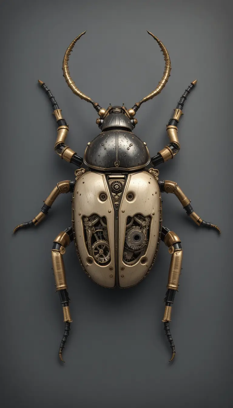 Steampunk Mechanical Beetle Sculpture In Symmetrical Top View