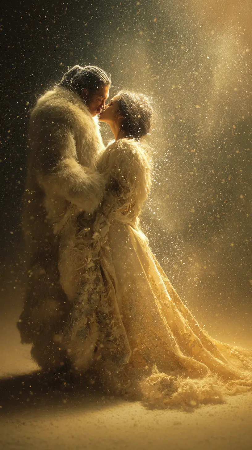 Eskimo couple sharing a gentle kiss under yellow night sky