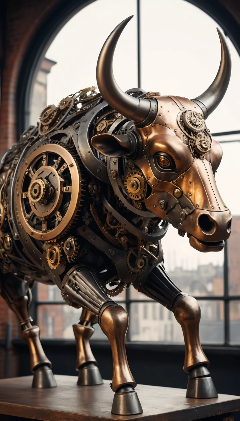 Taureau mécanique steampunk chargeant dans un paysage classique doré