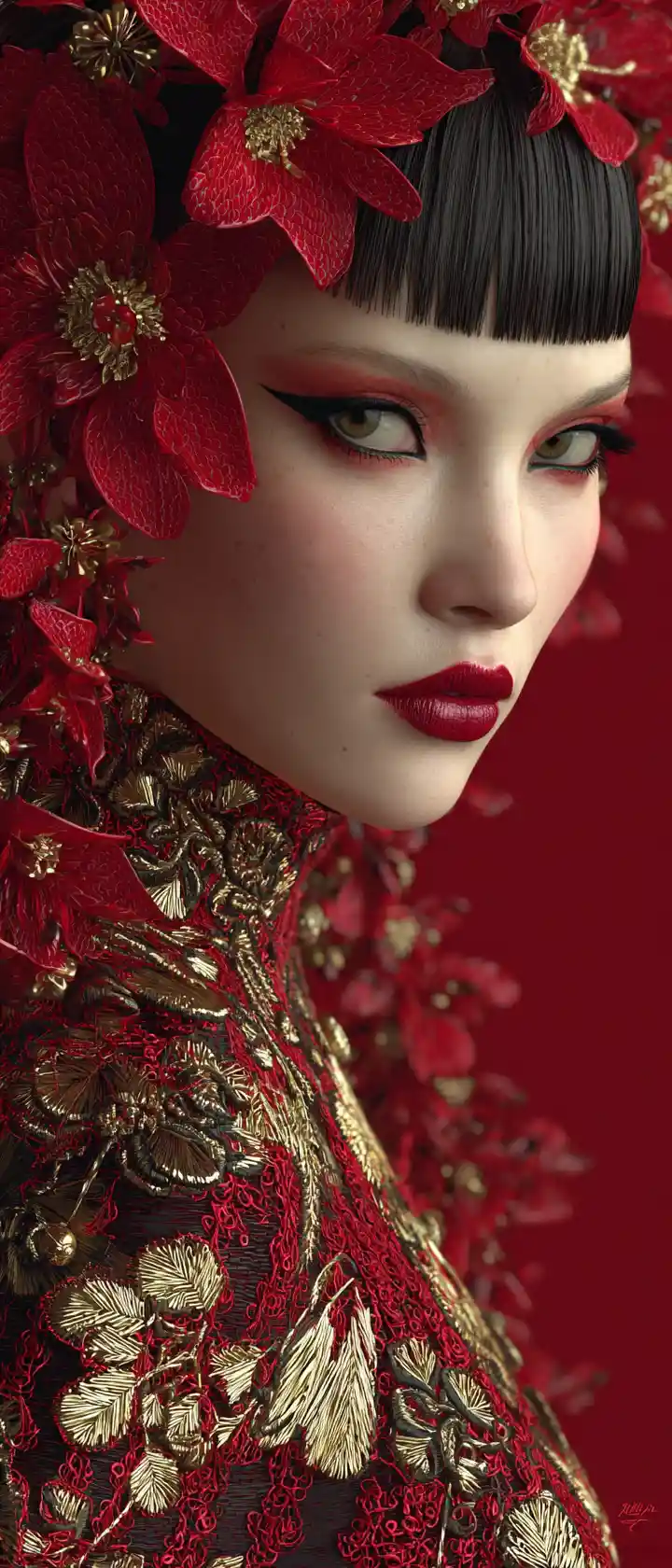 Woman in red floral gown with dramatic makeup