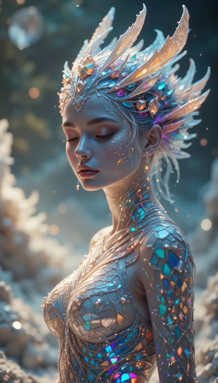 Mythical humanoid being with iridescent scales in soft light